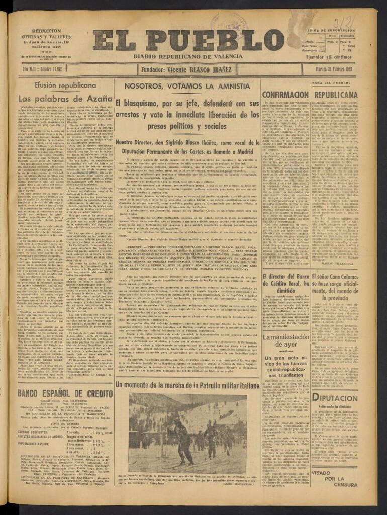 Miniatura de El Pueblo : Diario republicano de Valencia del 21 de febrero de 1936, nº 14.892
