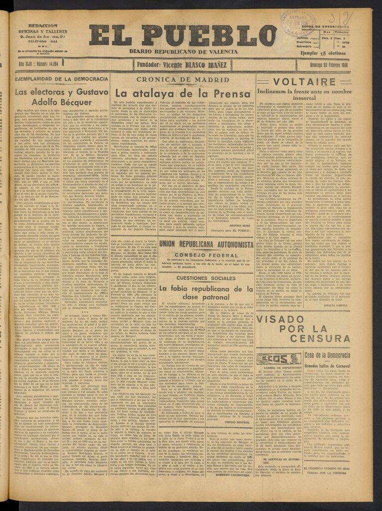 Miniatura de El Pueblo : Diario republicano de Valencia del 23 de febrero de 1936, nº 14.894