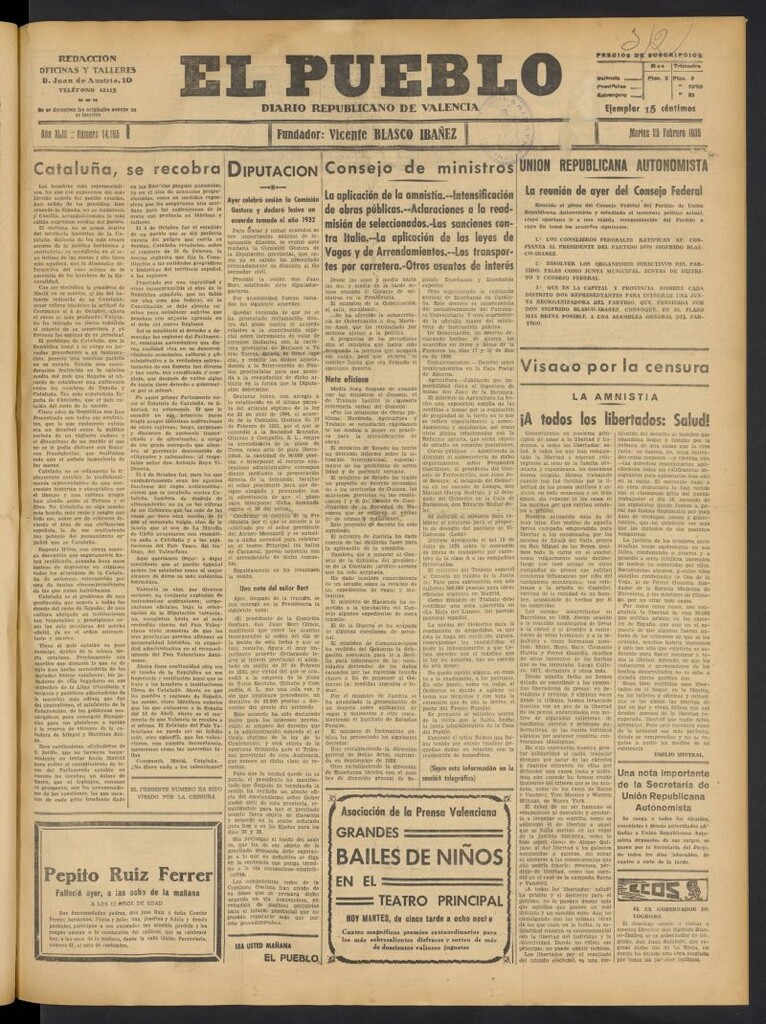 Miniatura de El Pueblo : Diario republicano de Valencia del 25 de febrero de 1936, nº 14.895