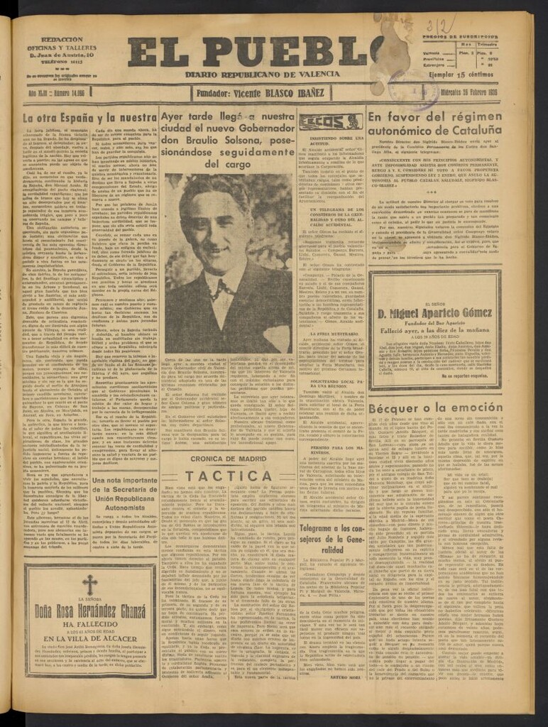 Miniatura de El Pueblo : Diario republicano de Valencia del 26 de febrero de 1936, nº 14.896