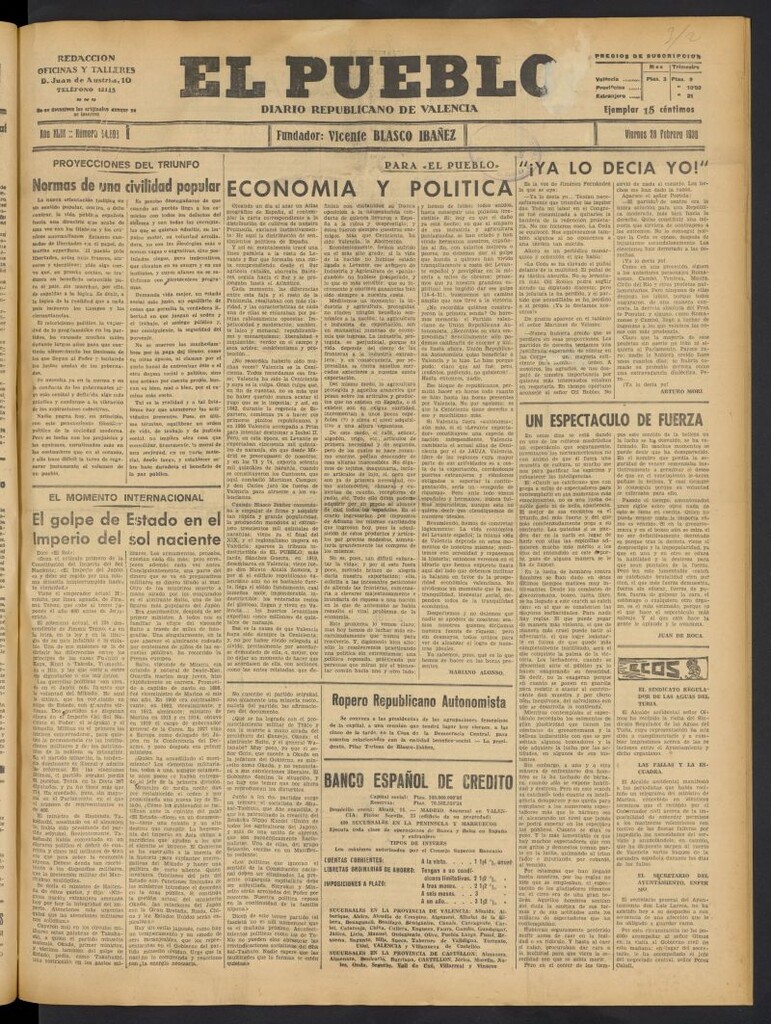 Miniatura de El Pueblo : Diario republicano de Valencia del 28 de febrero de 1936, nº 14.898