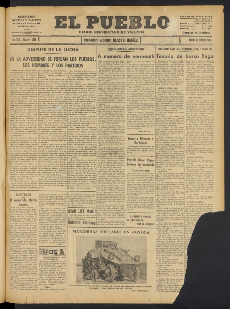 Miniatura de El Pueblo : Diario republicano de Valencia del 29 de febrero de 1936, nº 14.899