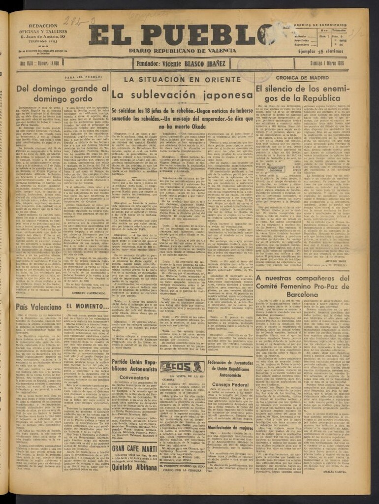 Miniatura de El Pueblo : Diario republicano de Valencia del 1 de marzo de 1936, nº 14.900