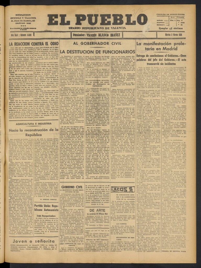 Miniatura de El Pueblo : Diario republicano de Valencia del 3 de marzo de 1936, nº 14.901