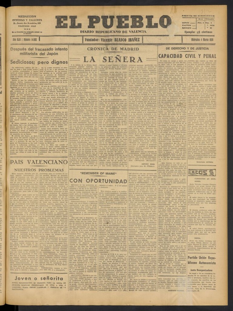 Miniatura de El Pueblo : Diario republicano de Valencia del 4 de marzo de 1936, nº 14.902