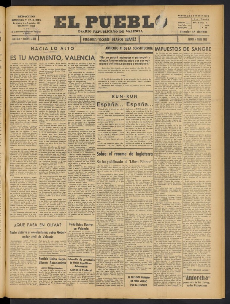 Miniatura de El Pueblo : Diario republicano de Valencia del 5 de marzo de 1936, nº 14.903