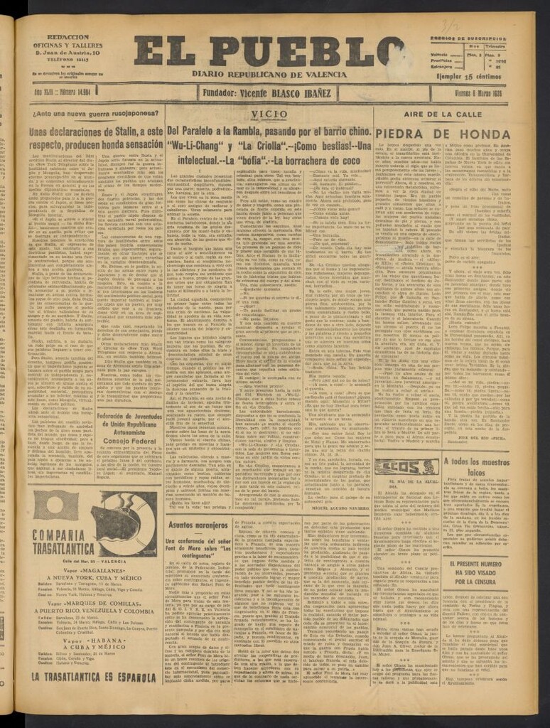 Miniatura de El Pueblo : Diario republicano de Valencia del 6 de marzo de 1936, nº 14.904