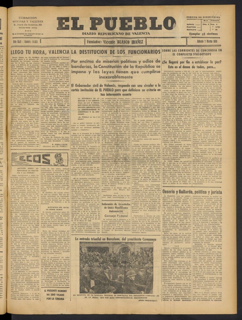 Miniatura de El Pueblo : Diario republicano de Valencia del 7 de marzo de 1936, nº 14.905