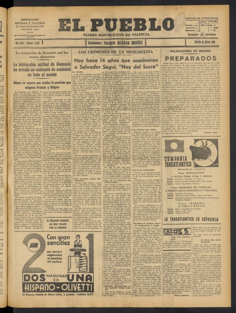Miniatura de El Pueblo : Diario republicano de Valencia del 10 de marzo de 1936, nº 14.907