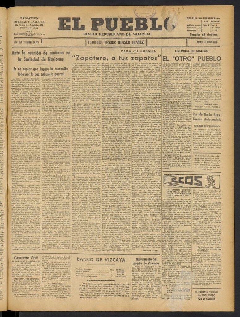 Miniatura de El Pueblo : Diario republicano de Valencia del 12 de marzo de 1936, nº 14.909