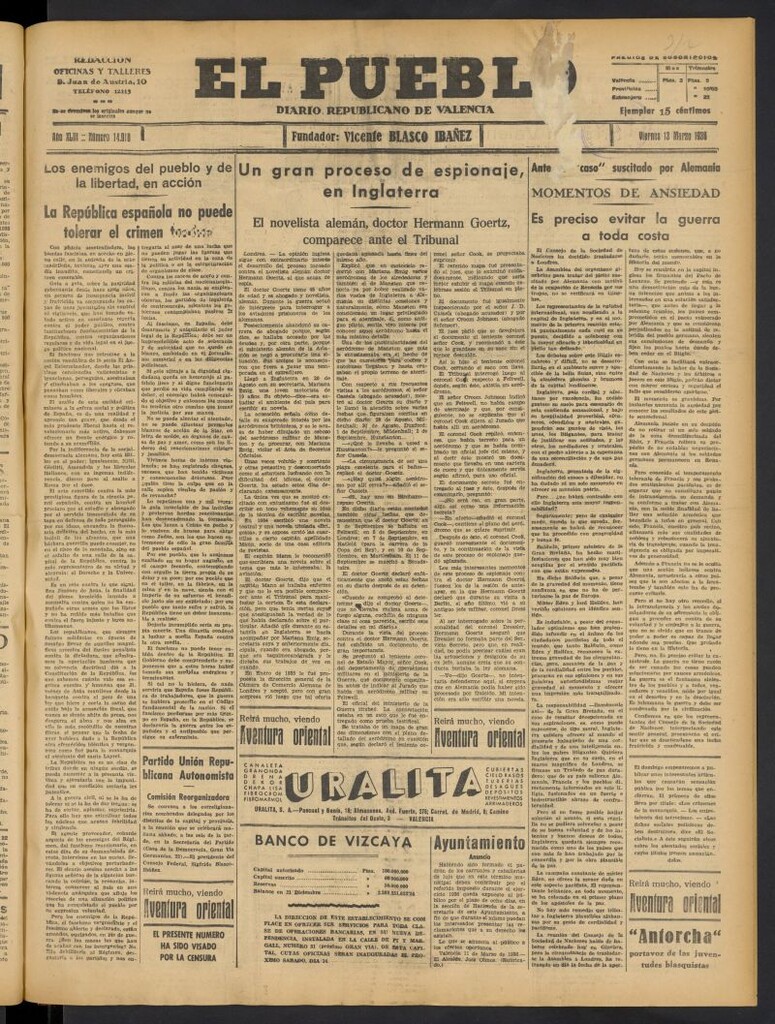 Miniatura de El Pueblo : Diario republicano de Valencia del 13 de marzo de 1936, nº 14.910