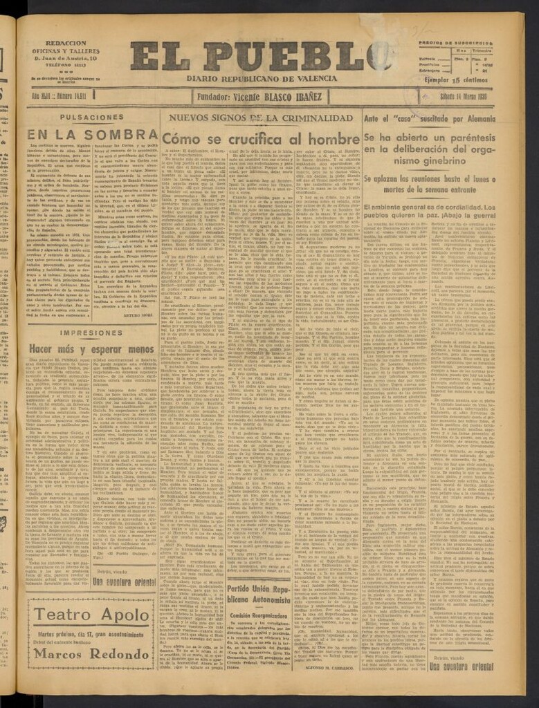 Miniatura de El Pueblo : Diario republicano de Valencia del 14 de marzo de 1936, nº 14.911