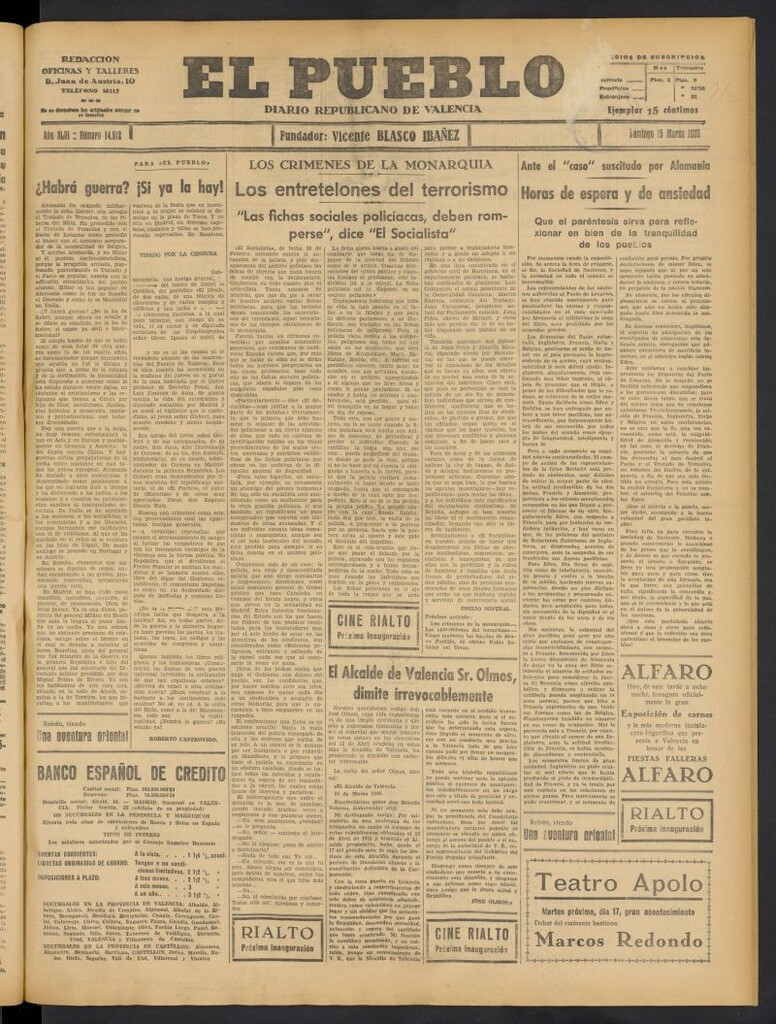 Miniatura de El Pueblo : Diario republicano de Valencia del 15 de marzo de 1936, nº 14.912