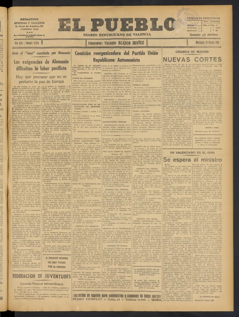 Miniatura de El Pueblo : Diario republicano de Valencia del 18 de marzo de 1936, nº 14.914