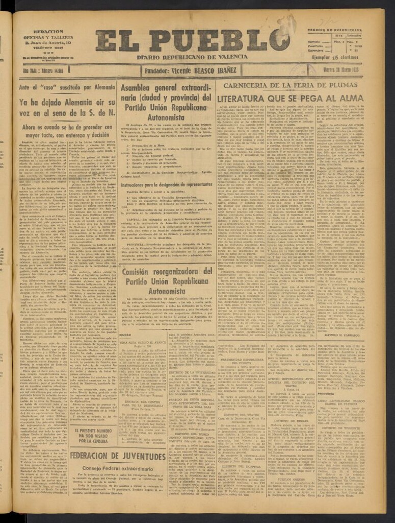 Miniatura de El Pueblo : Diario republicano de Valencia del 20 de marzo de 1936, nº 14.916