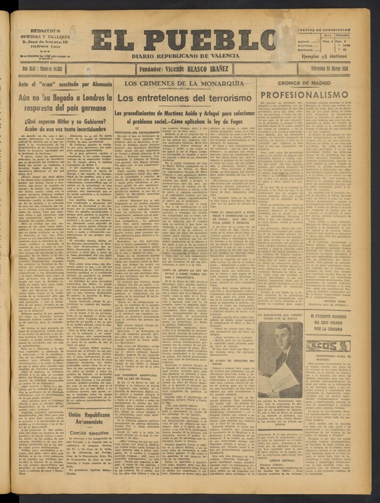 Miniatura de El Pueblo : Diario republicano de Valencia del 25 de marzo de 1936, nº 14.920