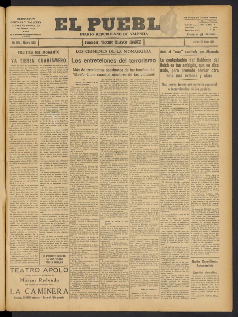Miniatura de El Pueblo : Diario republicano de Valencia del 26 de marzo de 1936, nº 14.921