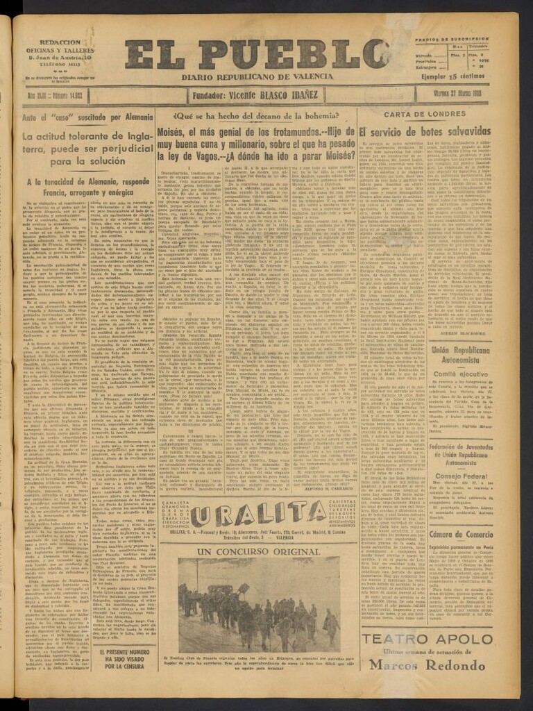 Miniatura de El Pueblo : Diario republicano de Valencia del 27 de marzo de 1936, nº 14.922