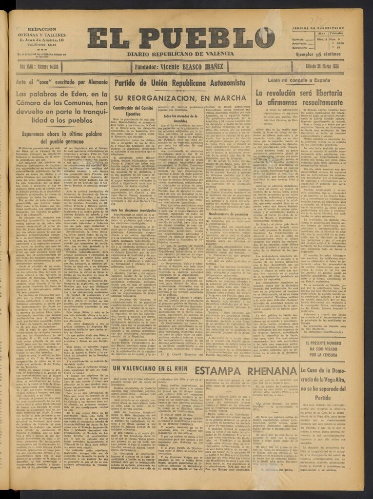 Miniatura de El Pueblo : Diario republicano de Valencia del 28 de marzo de 1936, nº 14.923
