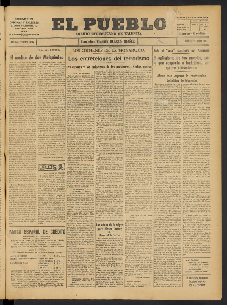 Miniatura de El Pueblo : Diario republicano de Valencia del 29 de marzo de 1936, nº 14.924