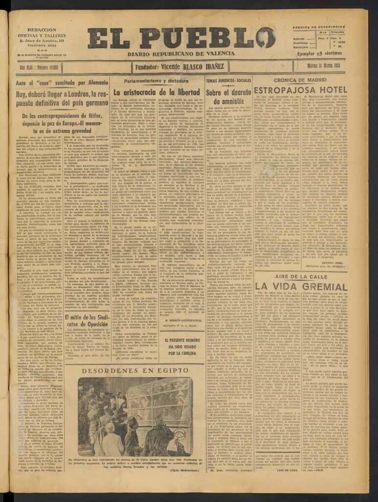 Miniatura de El Pueblo : Diario republicano de Valencia del 31 de marzo de 1936, nº 14.925