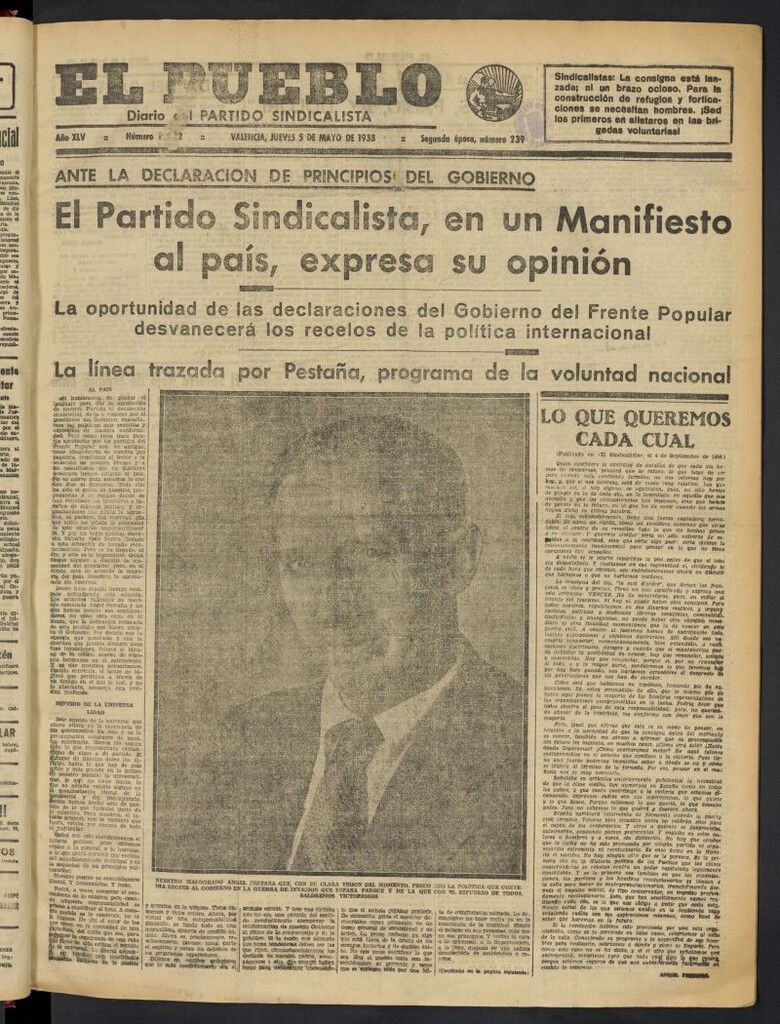Miniatura de El Pueblo : Diario republicano de Valencia del 5 de mayo de 1938, nº 15.572
