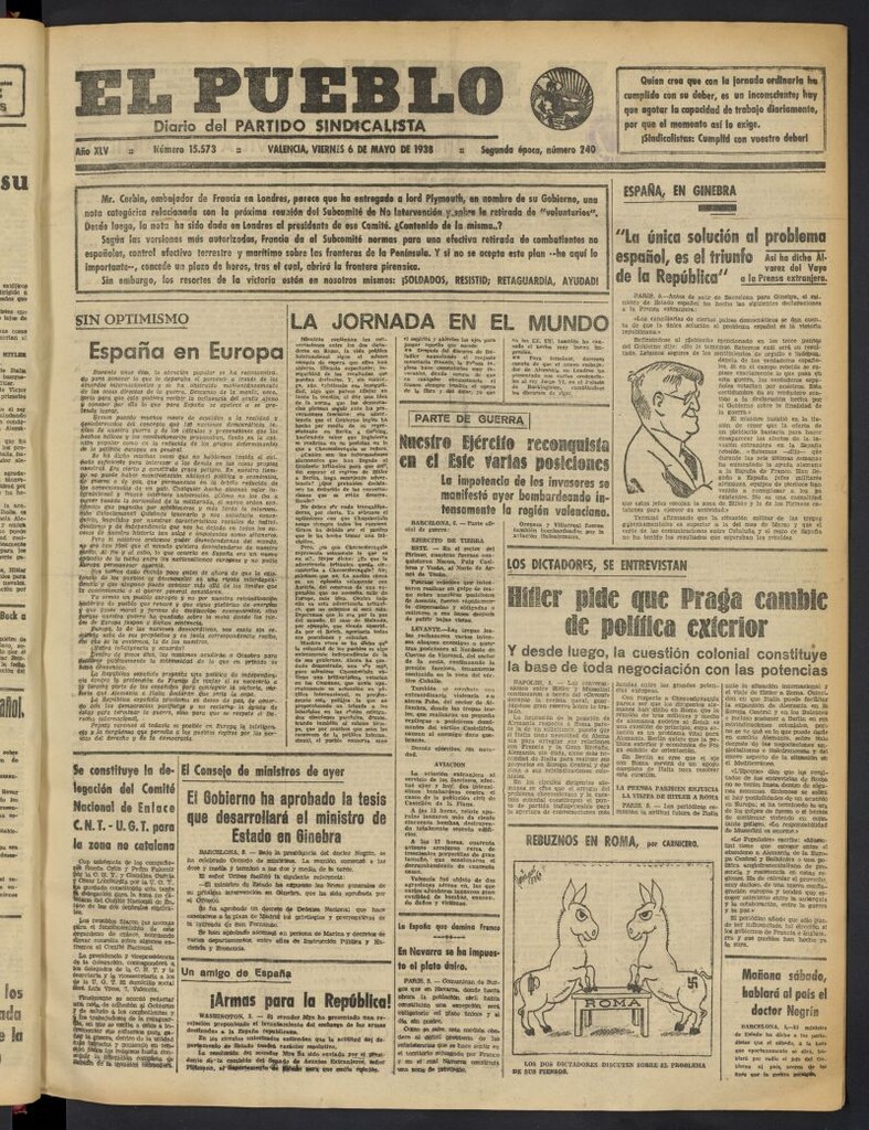 Miniatura de El Pueblo : Diario republicano de Valencia del 6 de mayo de 1938, nº 15.573