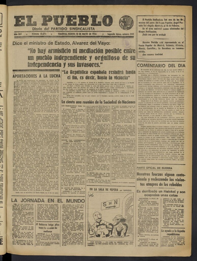 Miniatura de El Pueblo : Diario republicano de Valencia del 10 de mayo de 1938, nº 15.576