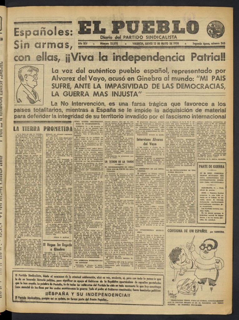 Miniatura de El Pueblo : Diario republicano de Valencia del 12 de mayo de 1938, nº 15.578