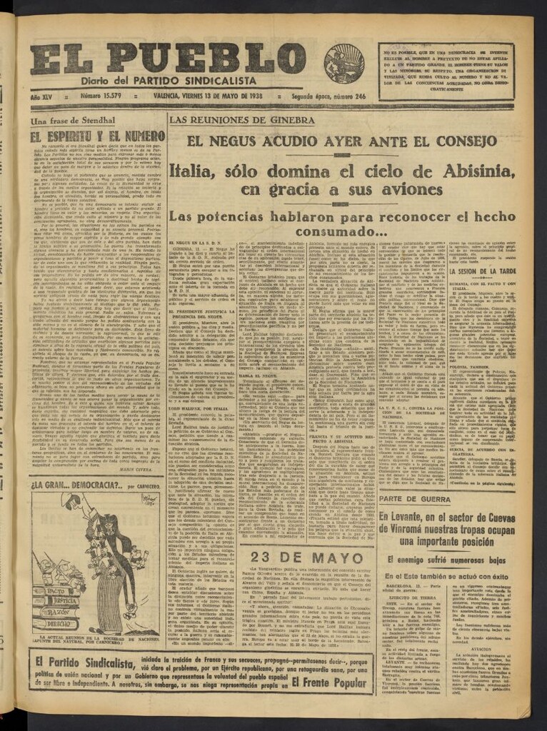 Miniatura de El Pueblo : Diario republicano de Valencia del 13 de mayo de 1938, nº 15.579