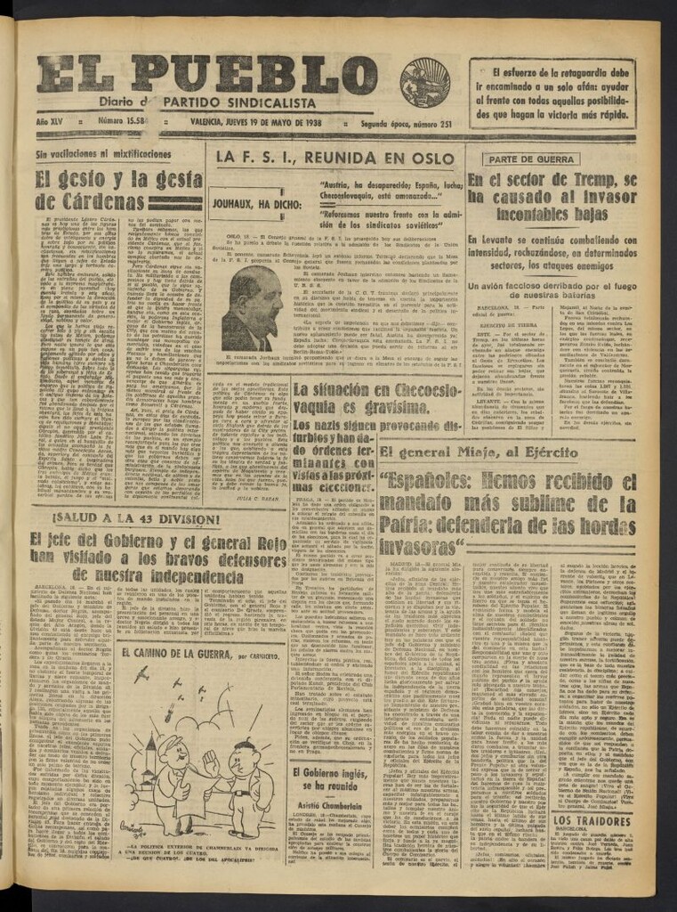 Miniatura de El Pueblo : Diario republicano de Valencia del 19 de mayo de 1938, nº 15.584