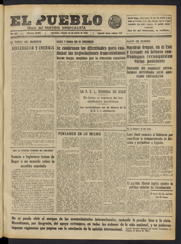 Miniatura de El Pueblo : Diario republicano de Valencia del 20 de mayo de 1938, nº 15.585