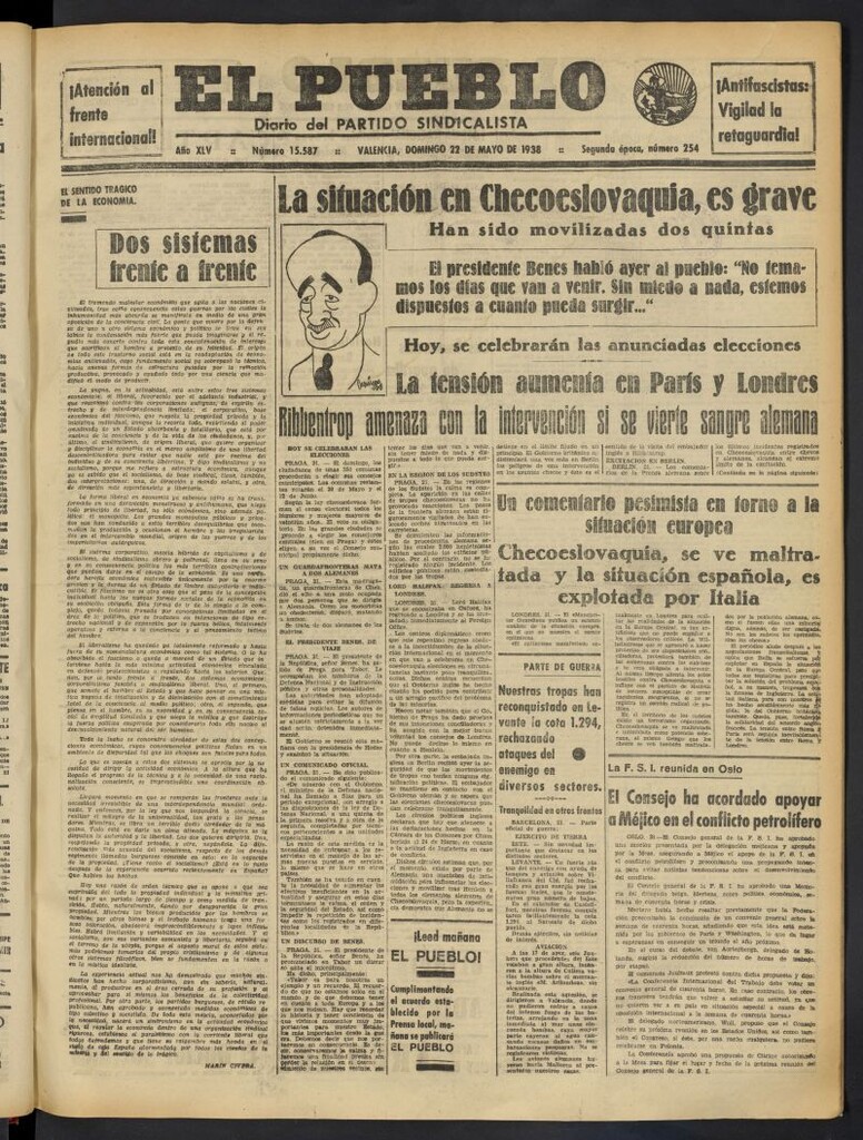 Miniatura de El Pueblo : Diario republicano de Valencia del 22 de mayo de 1938, nº 15.587