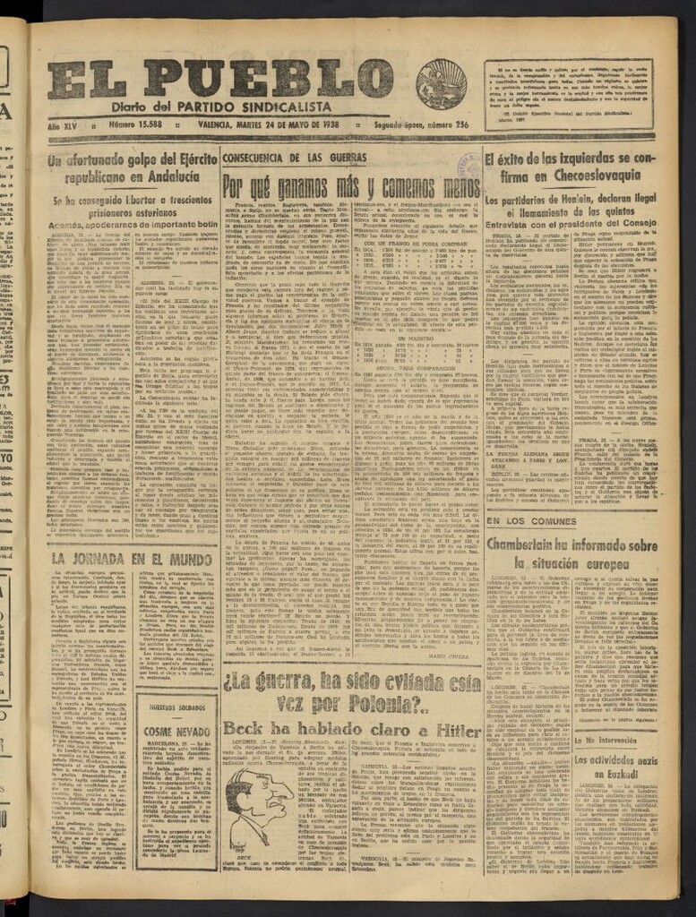 Miniatura de El Pueblo : Diario republicano de Valencia del 24 de mayo de 1938, nº 15.588