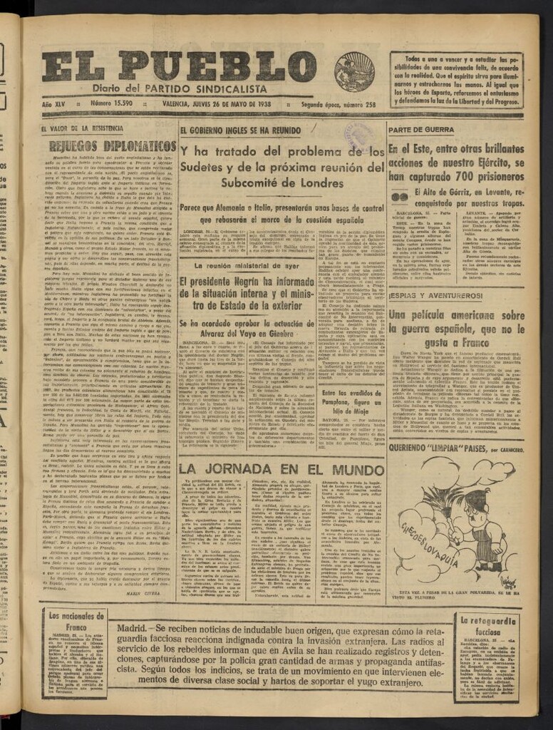 Miniatura de El Pueblo : Diario republicano de Valencia del 26 de mayo de 1938, nº 15.590
