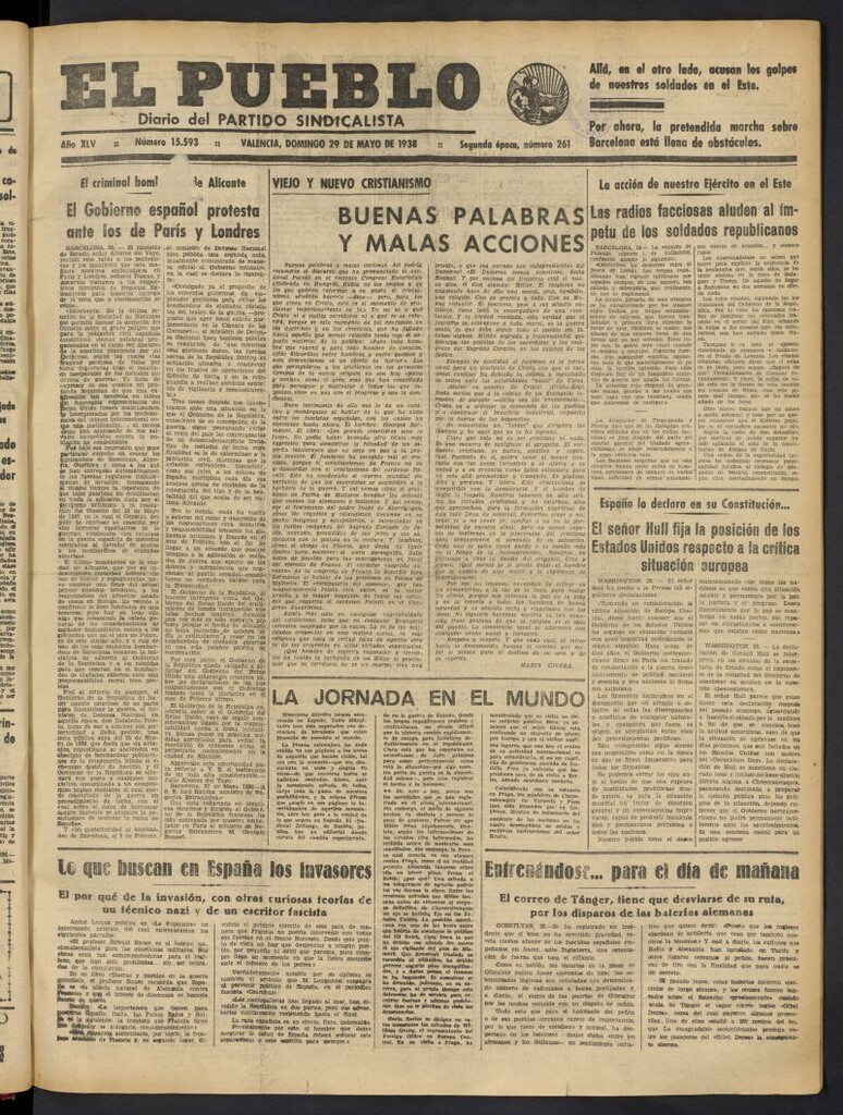 Miniatura de El Pueblo : Diario republicano de Valencia del 29 de mayo de 1938, nº 15.593