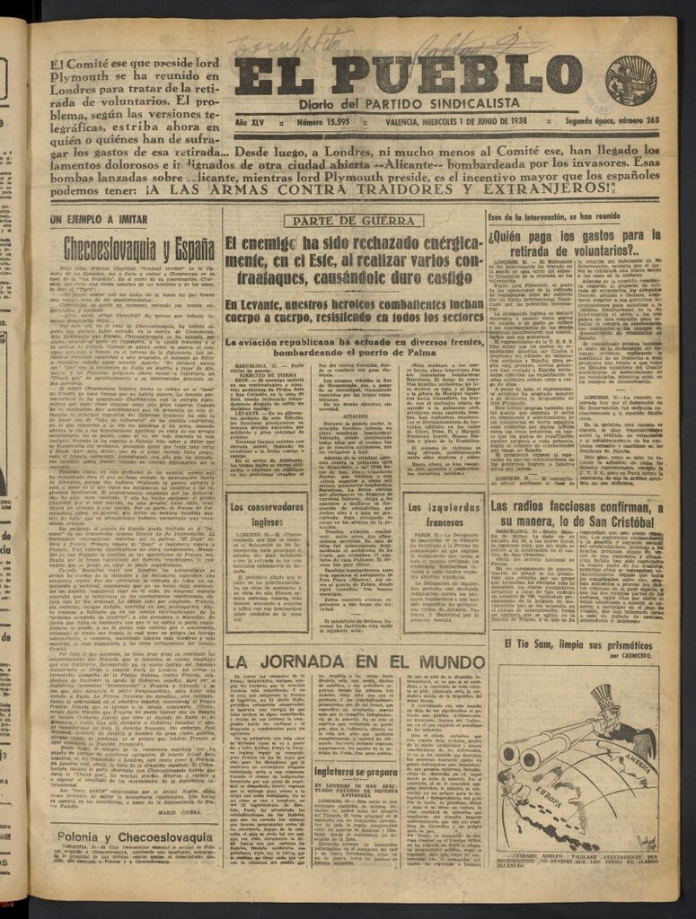 Miniatura de El Pueblo : Diario republicano de Valencia del 1 de junio de 1938, nº 15.595