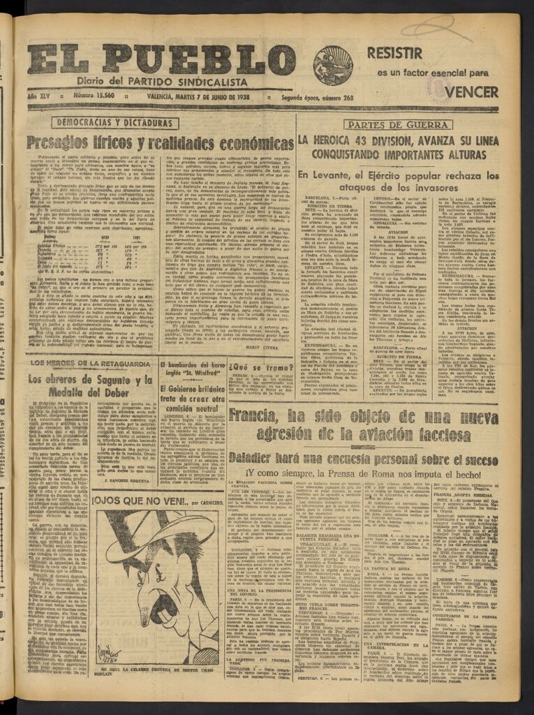 Miniatura de El Pueblo : Diario republicano de Valencia del 7 de junio de 1938, nº 15.560 [sic]