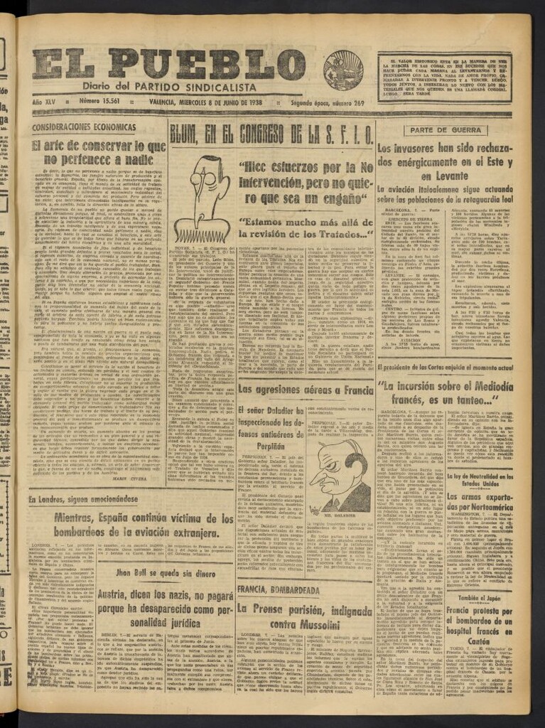 Miniatura de El Pueblo : Diario republicano de Valencia del 8 de junio de 1938, nº 15.561