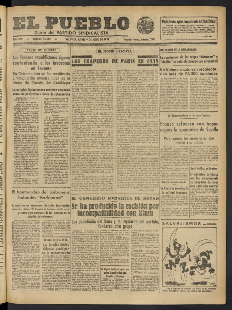 Miniatura de El Pueblo : Diario republicano de Valencia del 9 de junio de 1938, nº 15.562