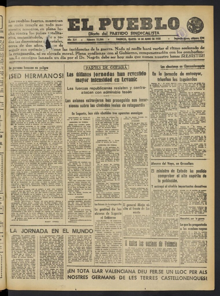 Miniatura de El Pueblo : Diario republicano de Valencia del 14 de junio de 1938, nº 15.566