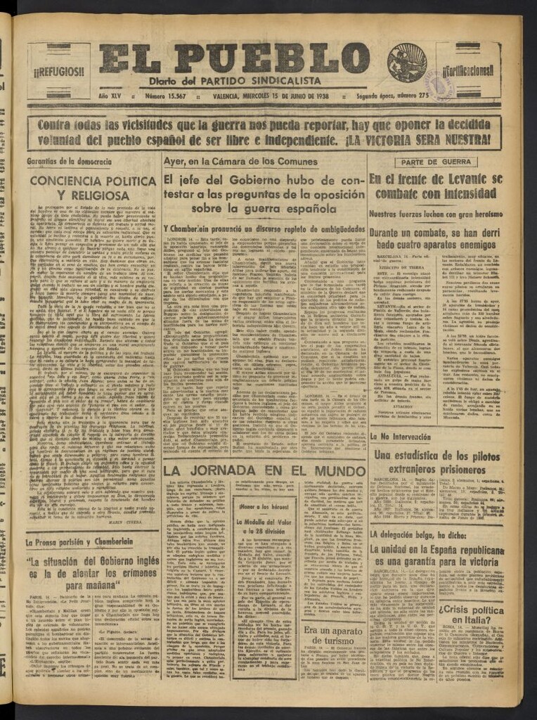 Miniatura de El Pueblo : Diario republicano de Valencia del 15 de junio de 1938, nº 15.567