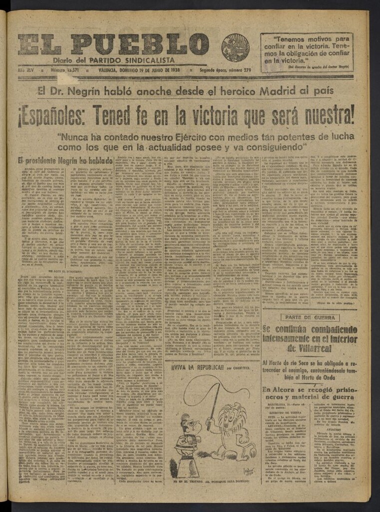 Miniatura de El Pueblo : Diario republicano de Valencia del 19 de junio de 1938, nº 15.571