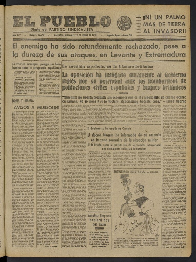 Miniatura de El Pueblo : Diario republicano de Valencia del 22 de junio de 1938, nº 15.573