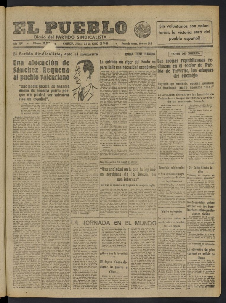 Miniatura de El Pueblo : Diario republicano de Valencia del 23 de junio de 1938, nº 15.574