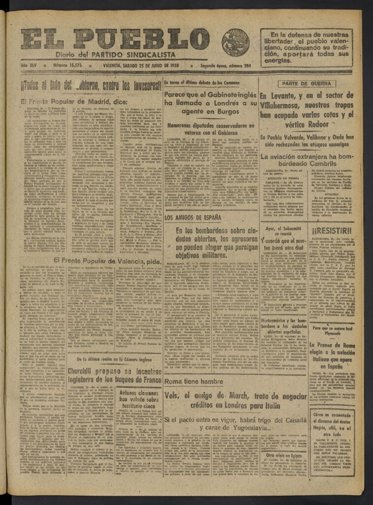 Miniatura de El Pueblo : Diario republicano de Valencia del 25 de junio de 1938, nº 15.576