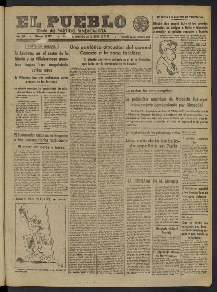 Miniatura de El Pueblo : Diario republicano de Valencia del 26 de junio de 1938, nº 15.577