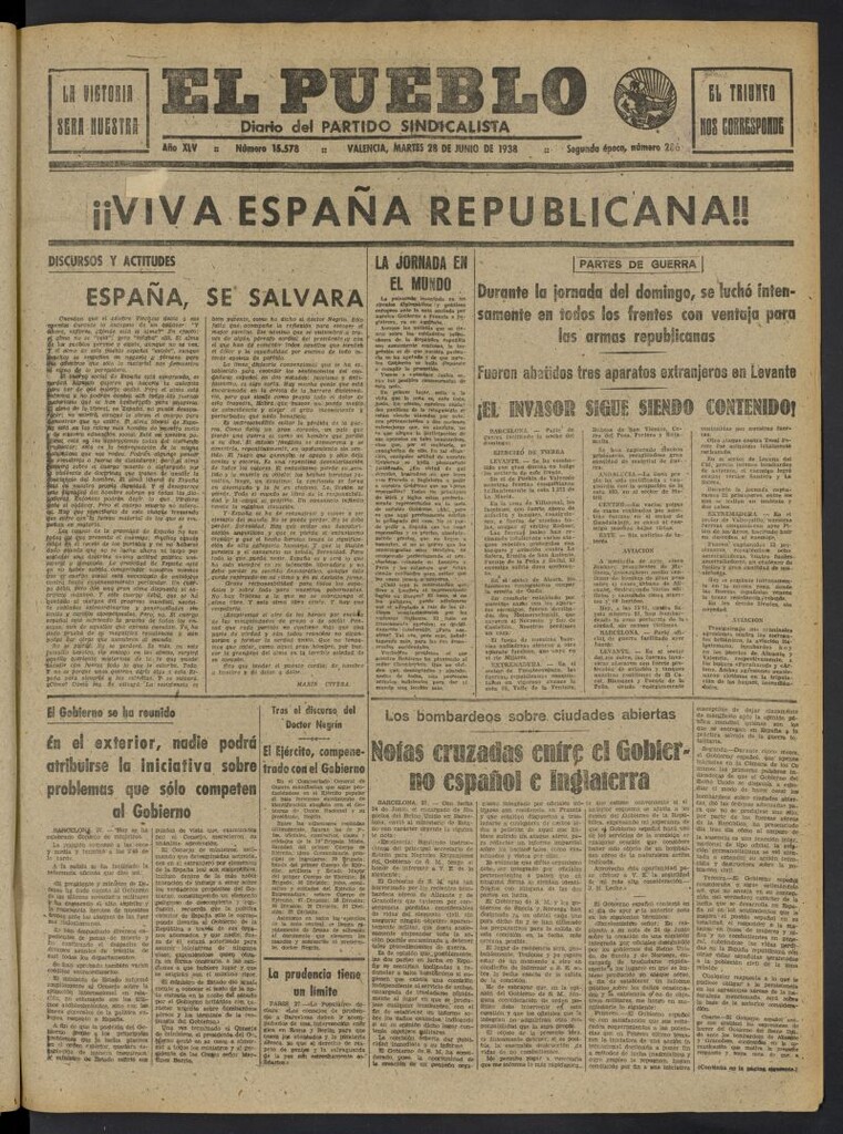 Miniatura de El Pueblo : Diario republicano de Valencia del 28 de junio de 1938, nº 15.578