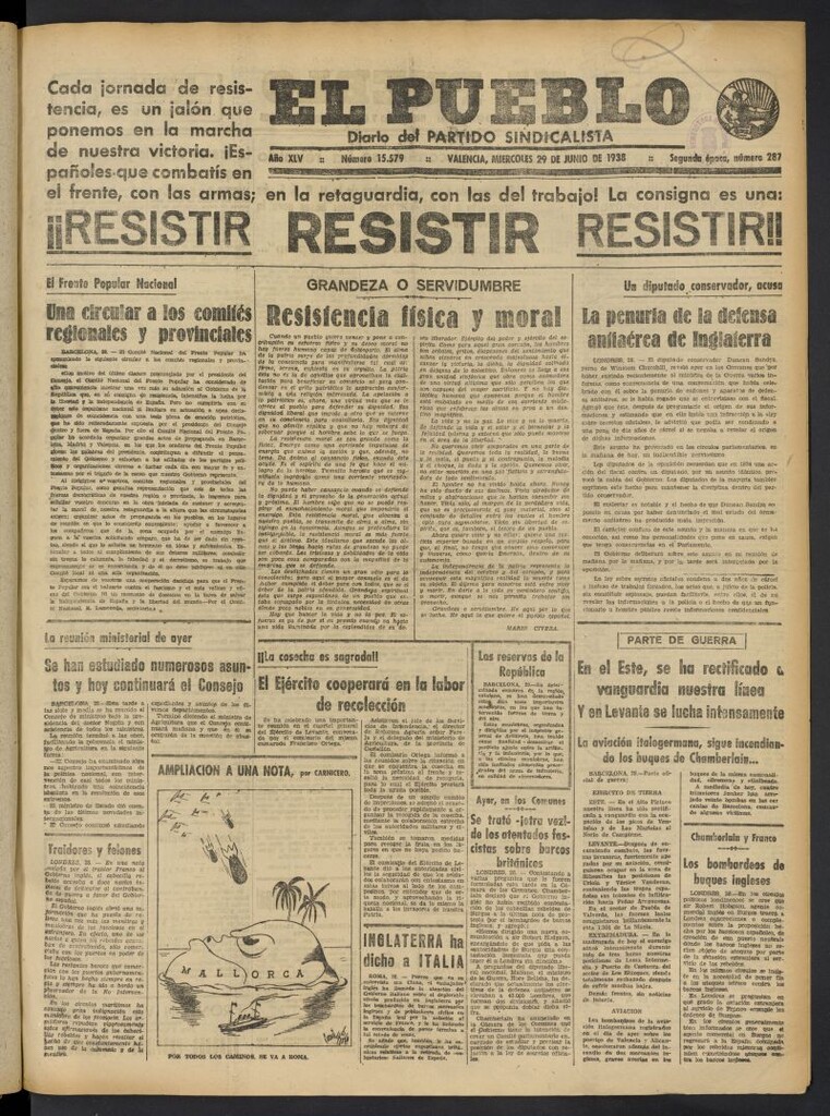 Miniatura de El Pueblo : Diario republicano de Valencia del 29 de junio de 1938, nº 15.579