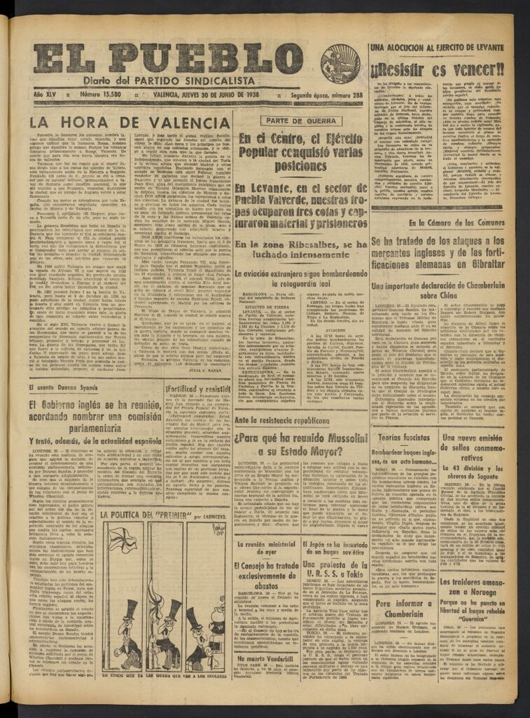 Miniatura de El Pueblo : Diario republicano de Valencia del 30 de junio de 1938, nº 15.580